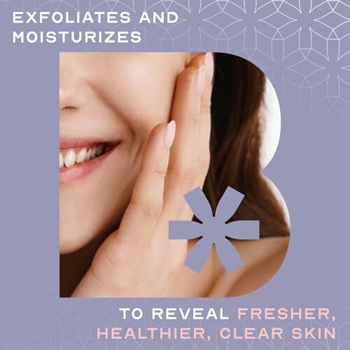 Smiling woman touching face, skincare benefits text overlay.