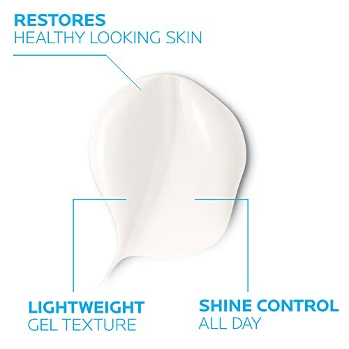 White gel texture with text: restores healthy looking skin, lightweight gel texture, shine control all day.