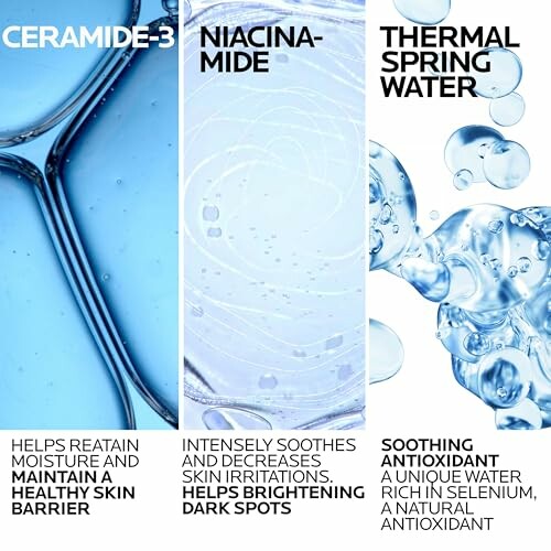 Image showing benefits of ceramide-3, niacinamide, and thermal spring water for skin.