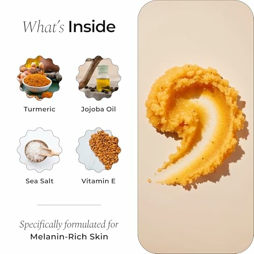 Skincare ingredients for melanin-rich skin: turmeric, jojoba oil, sea salt, vitamin E.