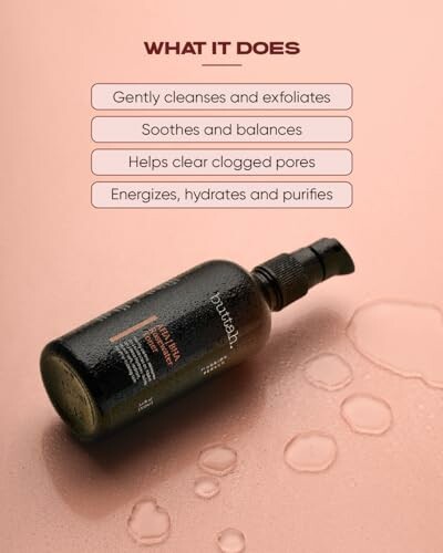 Skincare bottle with benefits listed: cleanses, soothes, clears pores, energizes.