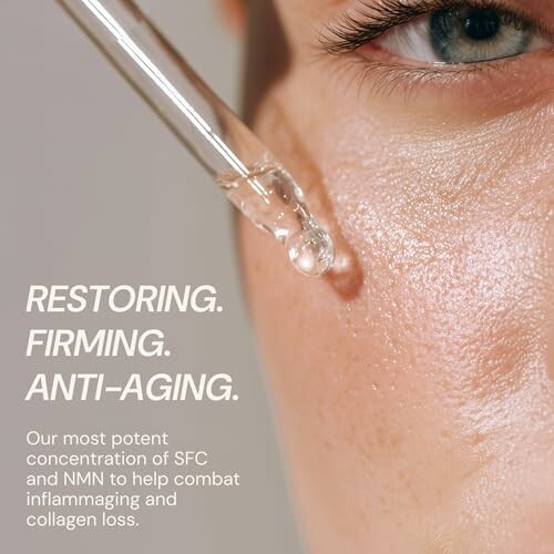 Close-up of serum being applied to skin with text promoting anti-aging benefits