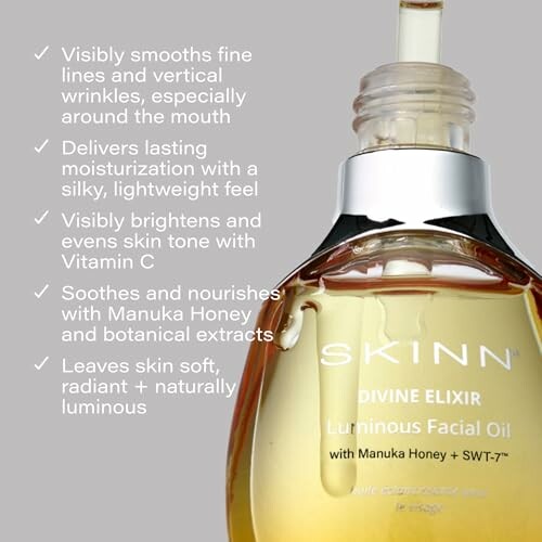 Skinn Divine Elixir Luminous Facial Oil with benefits listed.