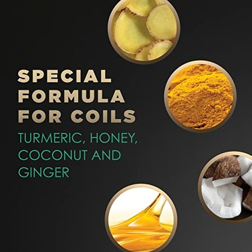 Special formula for coils with turmeric, honey, coconut, and ginger.