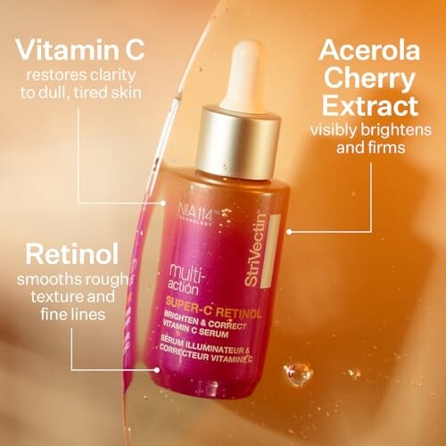 StriVectin Super-C Retinol serum bottle with vitamin C and acerola cherry extract benefits.
