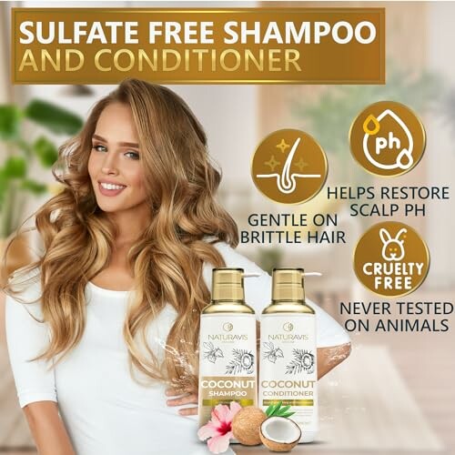 Sulfate-free shampoo and conditioner benefits with woman and product bottles.