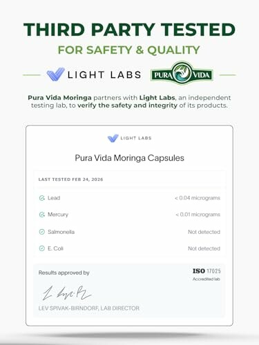 Third party tested for safety and quality certification for Pura Vida Moringa Capsules.