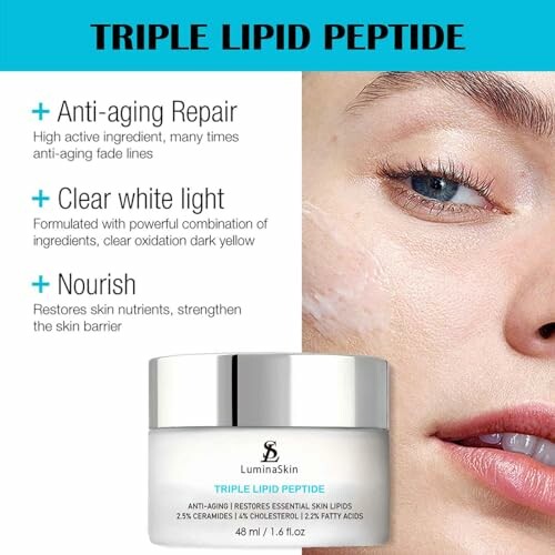 Triple Lipid Peptide skincare product with benefits listed.