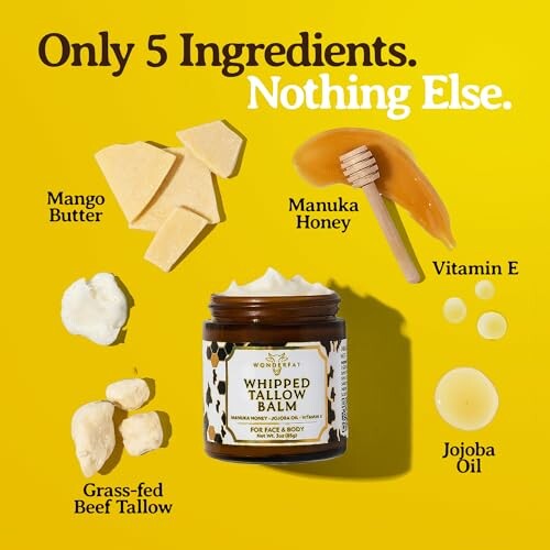 Five ingredients of whipped tallow balm: mango butter, manuka honey, vitamin E, grass-fed beef tallow, and jojoba oil.