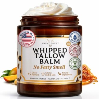 Jar of Wonderfat Whipped Tallow Balm with various certifications.
