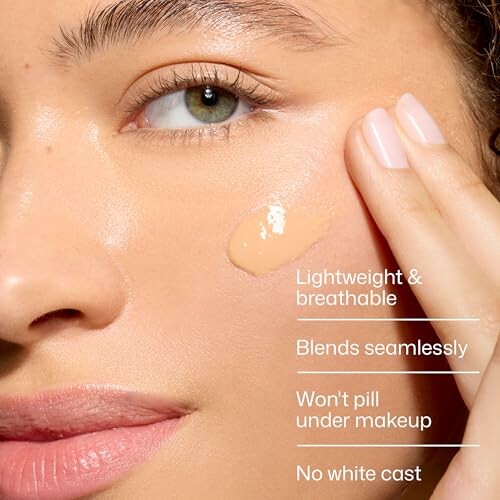 Close-up of a woman applying foundation, highlighting product features.