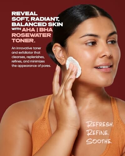 Woman applying AHA BHA rosewater toner on face.